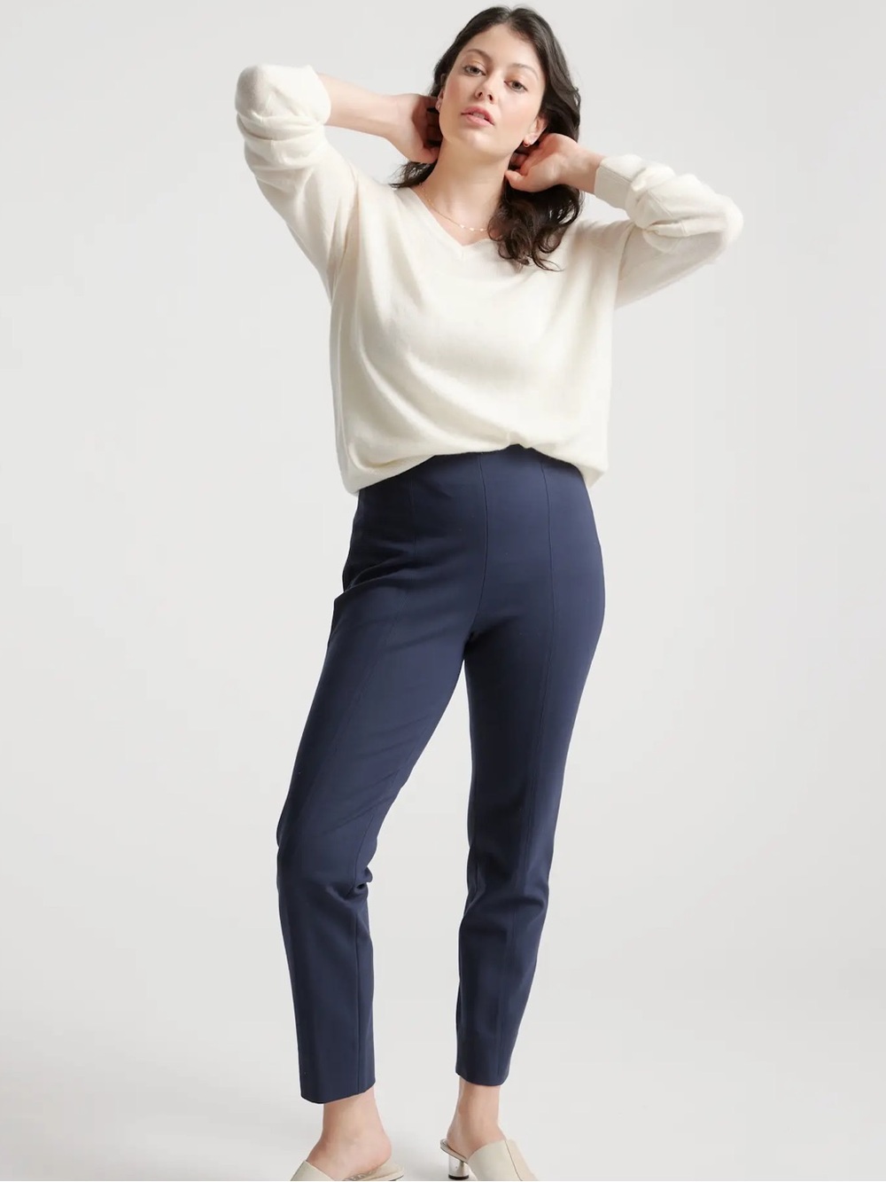 Quince Ultra Stretch Ponte Pintuck Ankle Pants in Navy